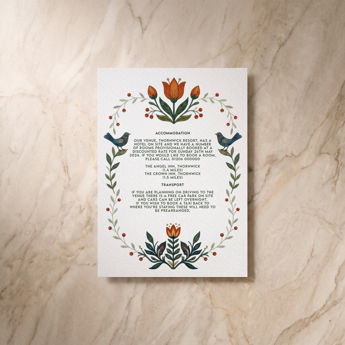 Botanical Folk wedding details card, reverse design, designed and printed in Suffolk