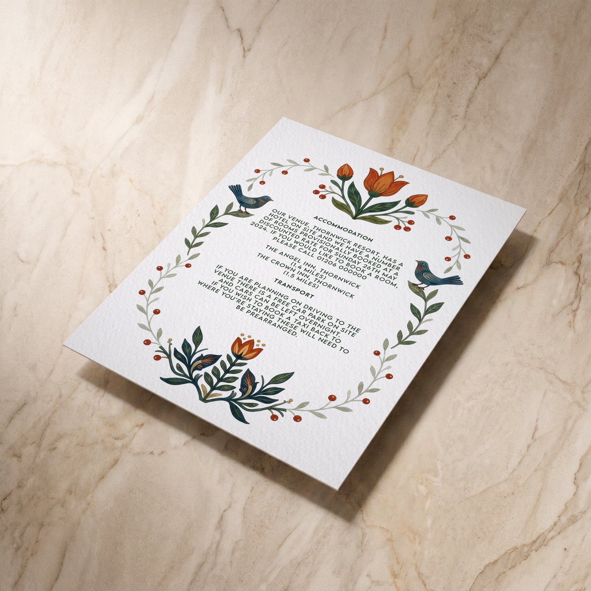 Botanical Folk wedding details card, reverse shown at an angle, designed and printed in Suffolk