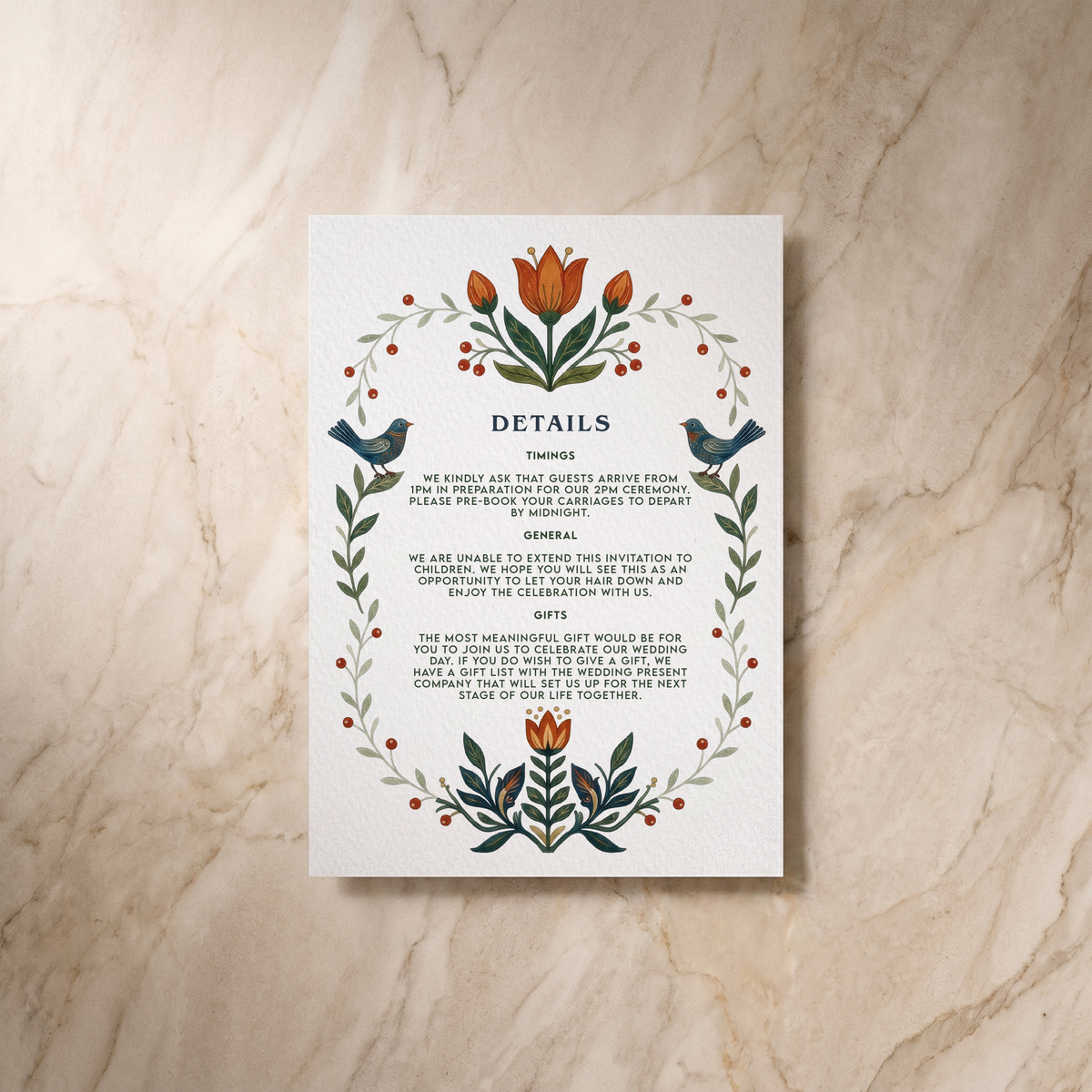 Botanical Folk wedding details card, front design, designed and printed in Suffolk