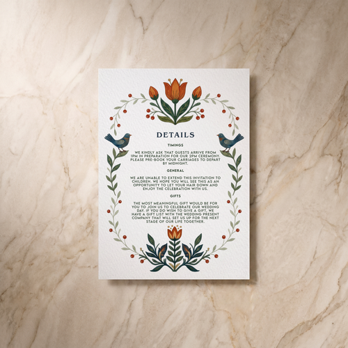 Botanical Folk wedding details card, front design, designed and printed in Suffolk