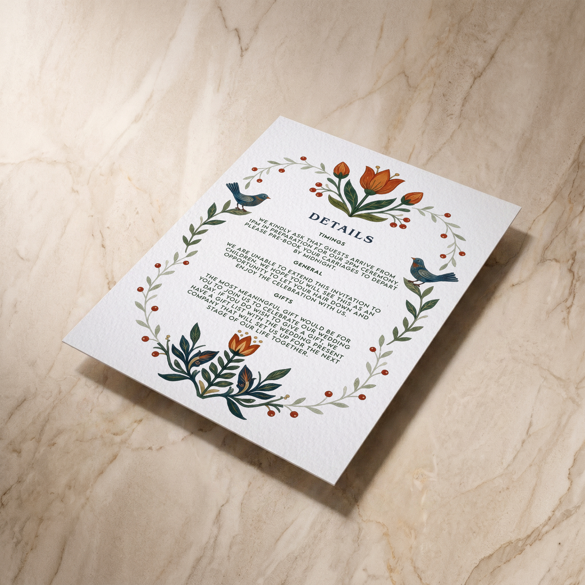 Botanical Folk wedding details card, shown at an angle, designed and printed in Suffolk