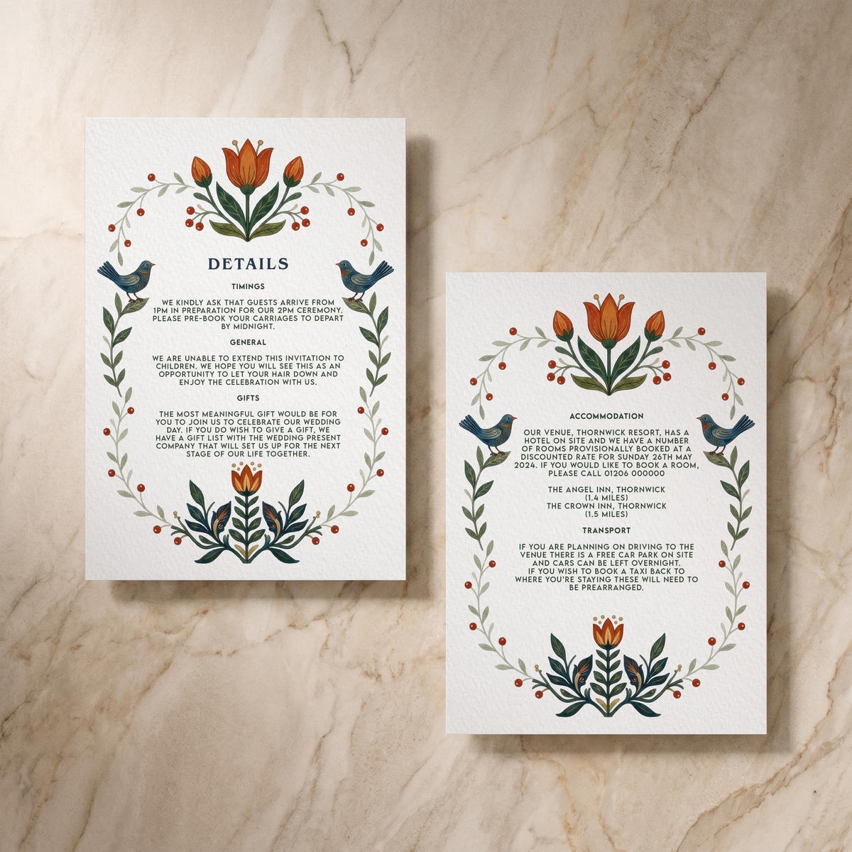 Botanical Folk wedding details card, front and reverse, designed and printed in Suffolk