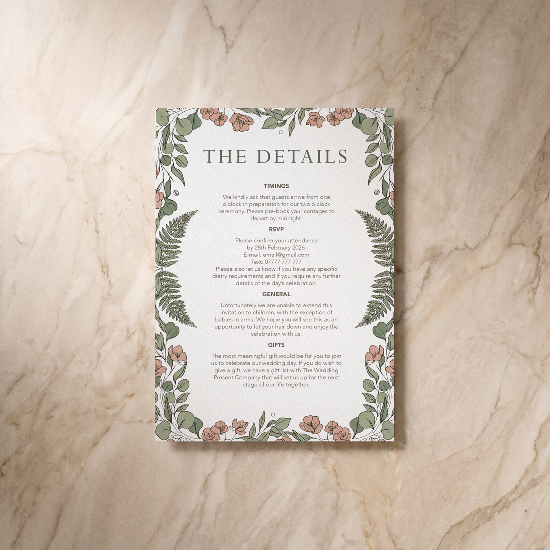 Country Garden wedding details card, front design, designed and printed in Suffolk
