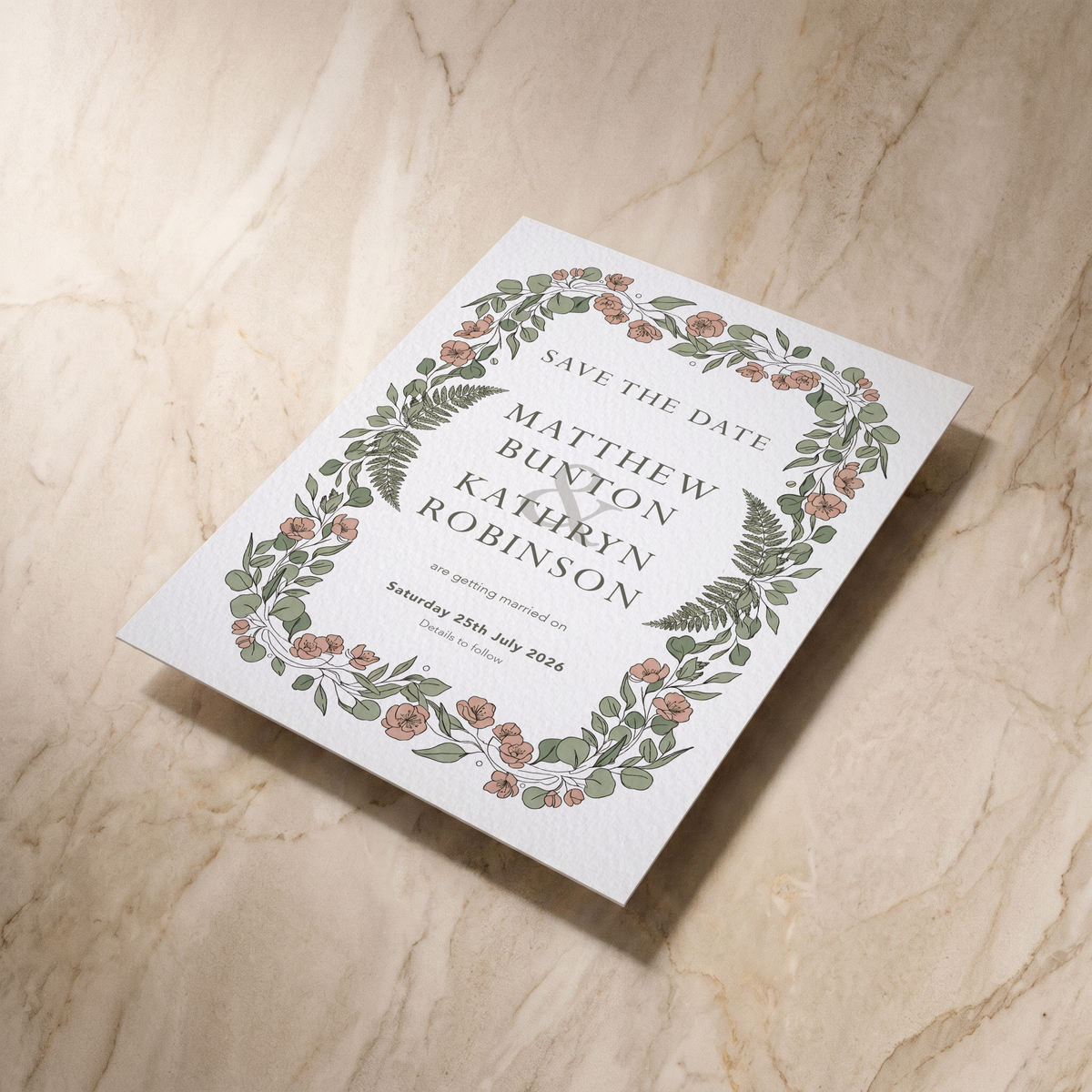 Country Garden save the date card, shown at an angle, designed and printed in Suffolk