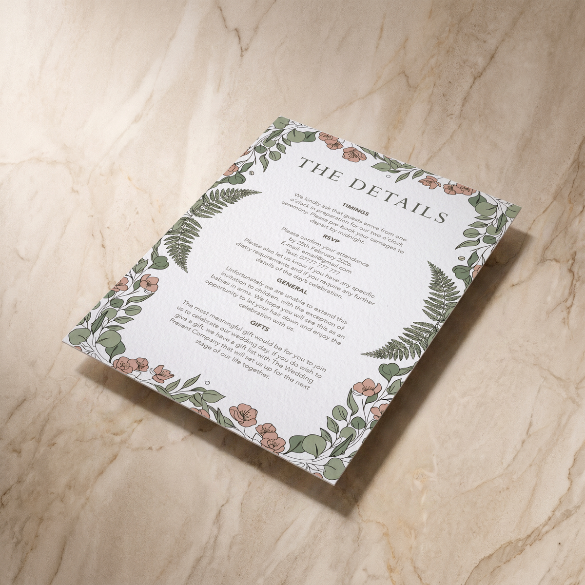 Country Garden wedding details card, shown at an angle, designed and printed in Suffolk