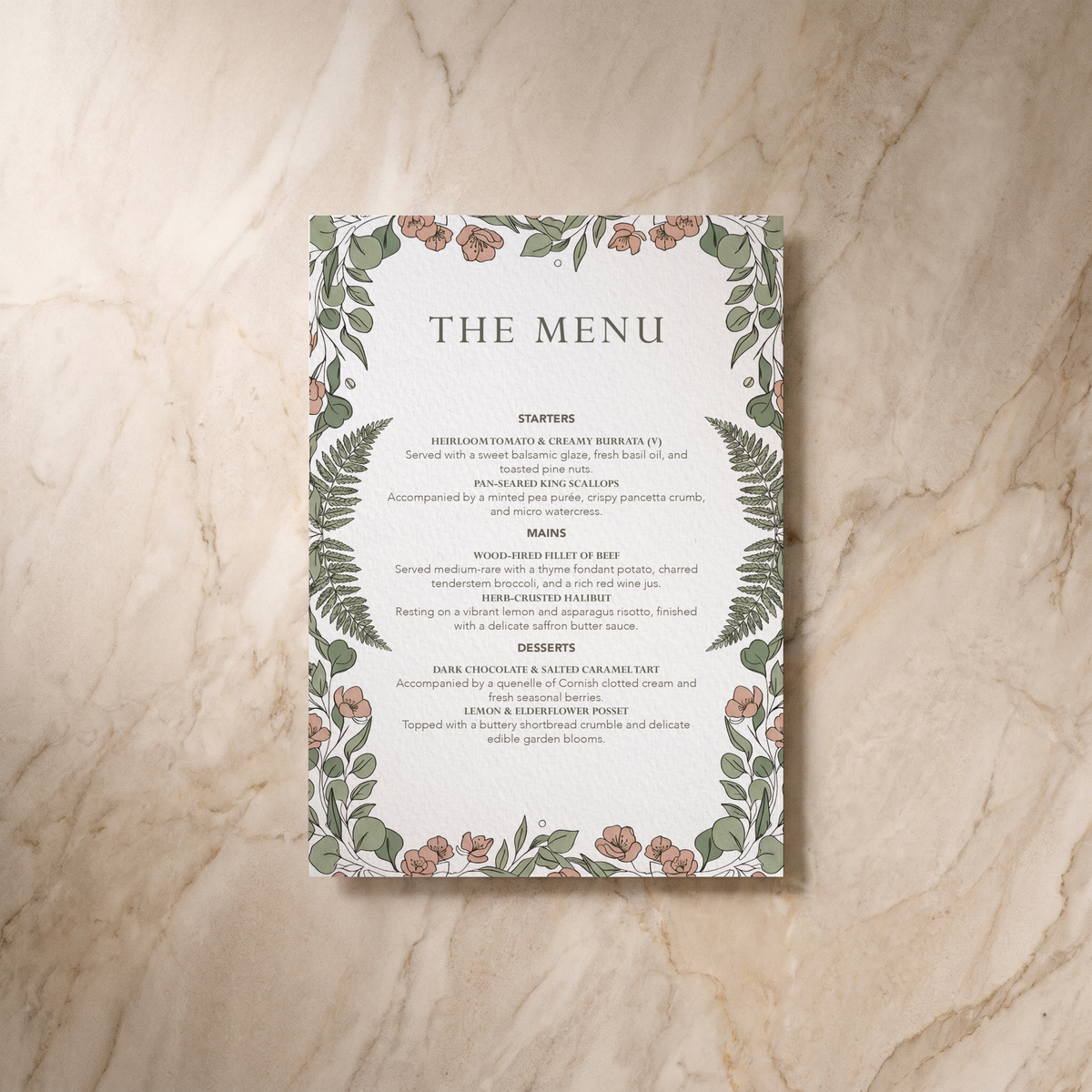 Country Garden wedding menu, front design, designed and printed in Suffolk
