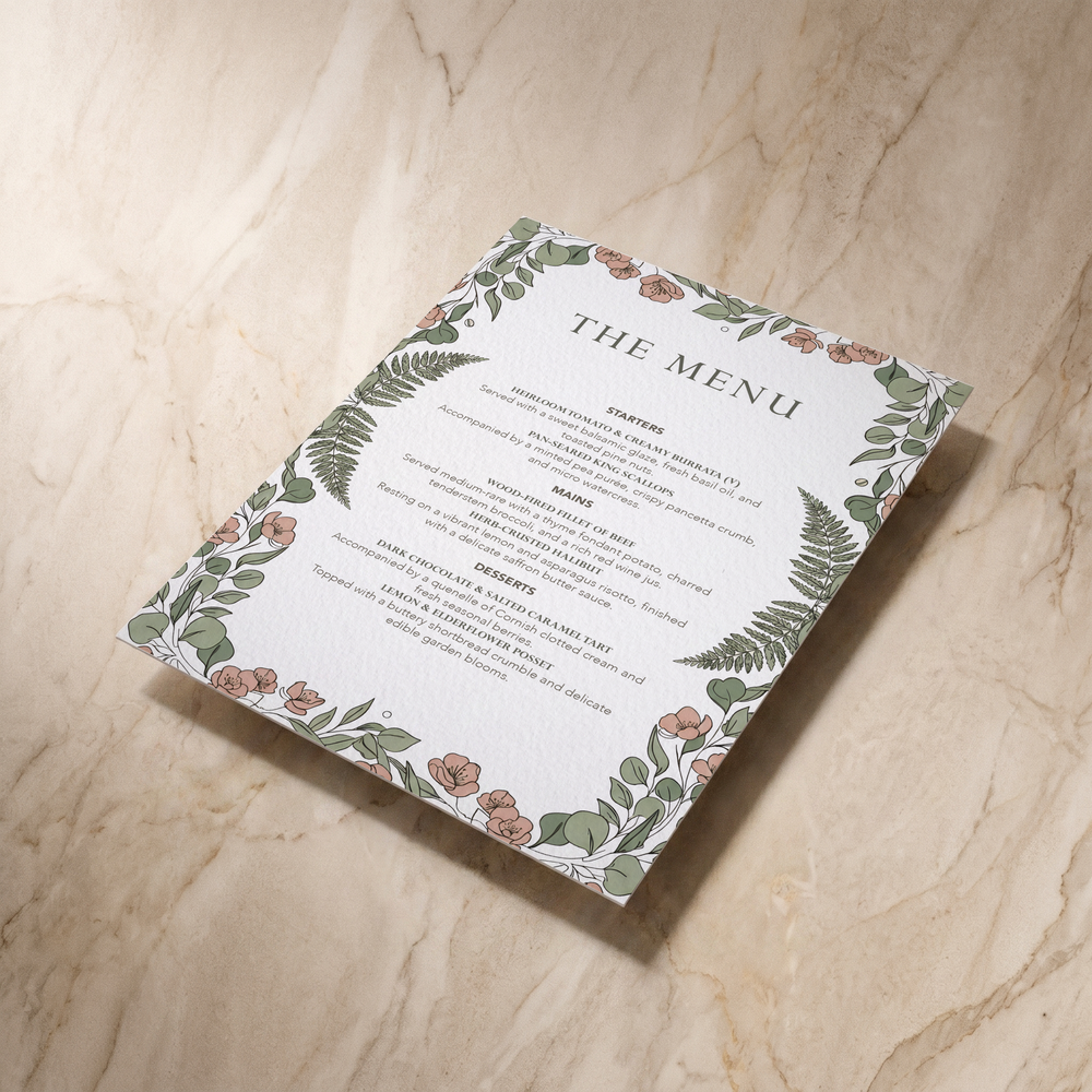 Country Garden wedding menu, shown at an angle, designed and printed in Suffolk