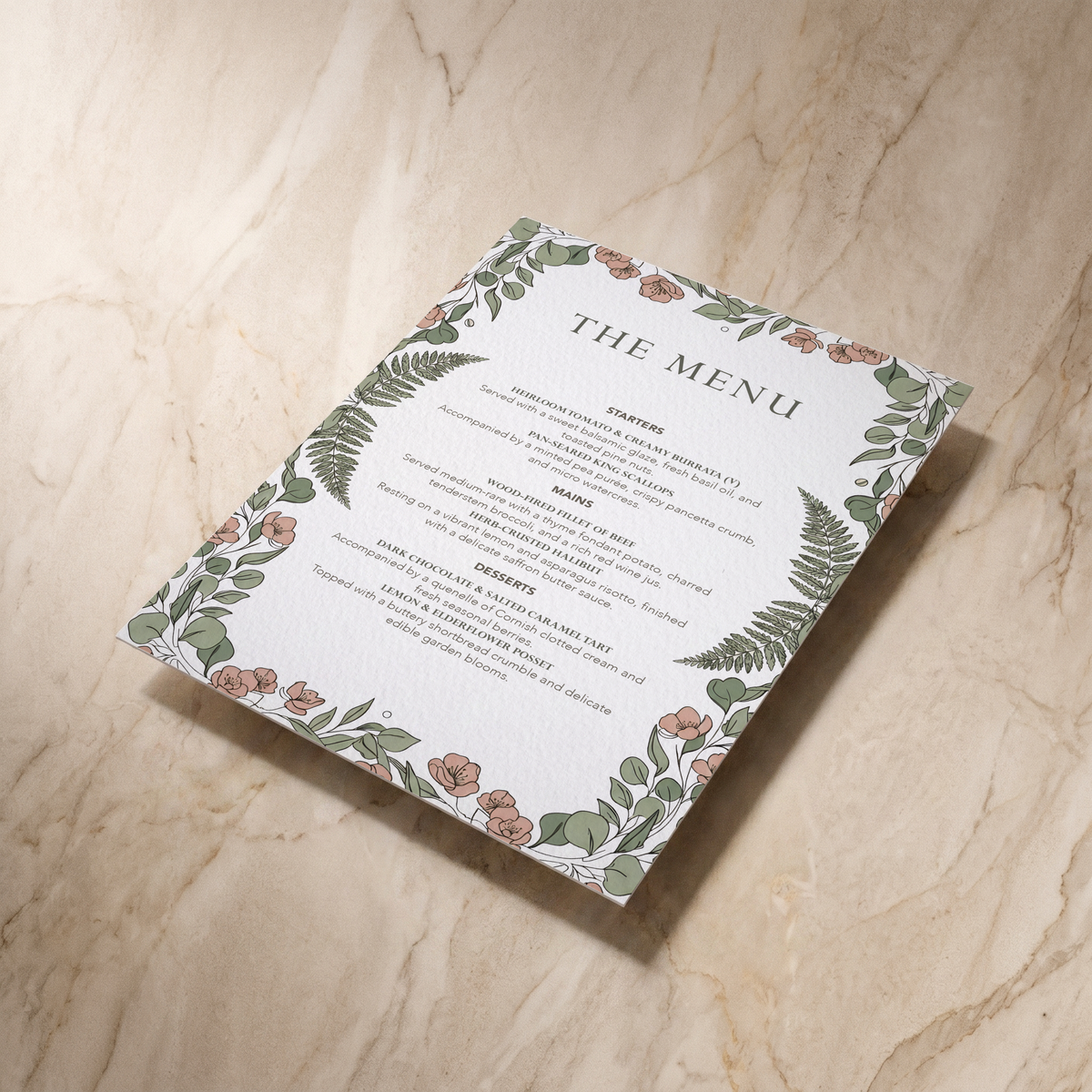 Country Garden wedding menu, shown at an angle, designed and printed in Suffolk