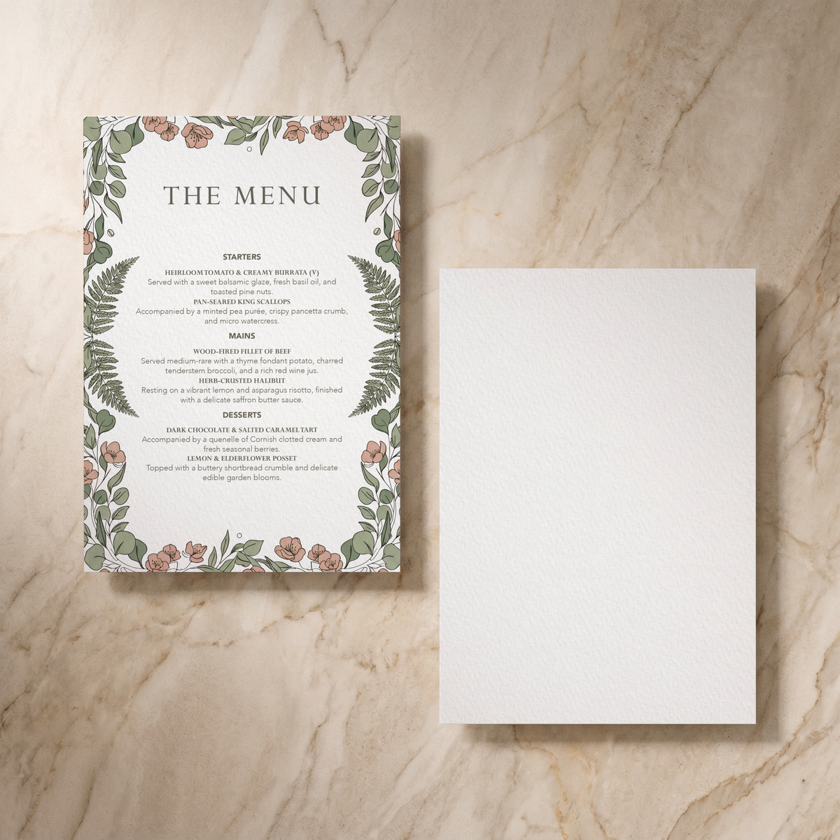 Country Garden wedding menu, front and reverse, designed and printed in Suffolk
