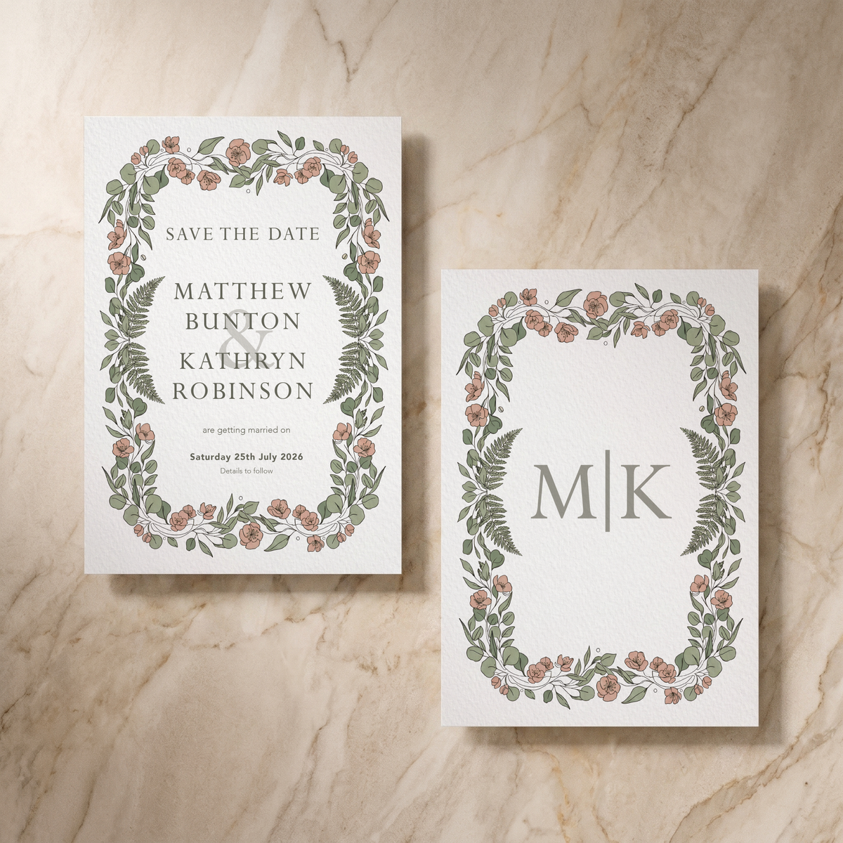 Country Garden save the date card, front and reverse, designed and printed in Suffolk