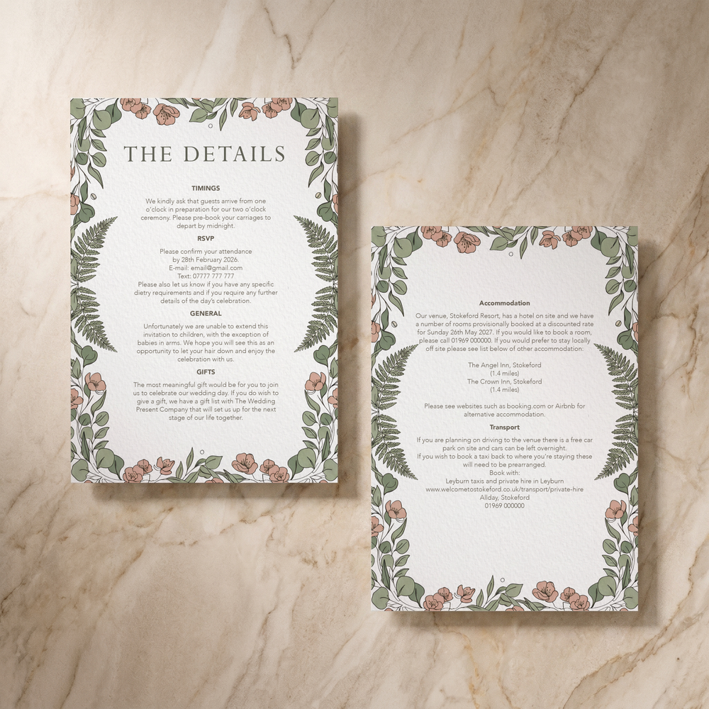 Country Garden wedding details card, front and reverse, designed and printed in Suffolk