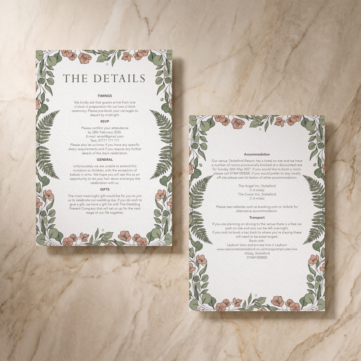 Country Garden wedding details card, front and reverse, designed and printed in Suffolk