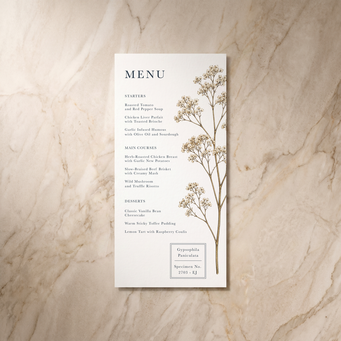 Botanist wedding menu, front