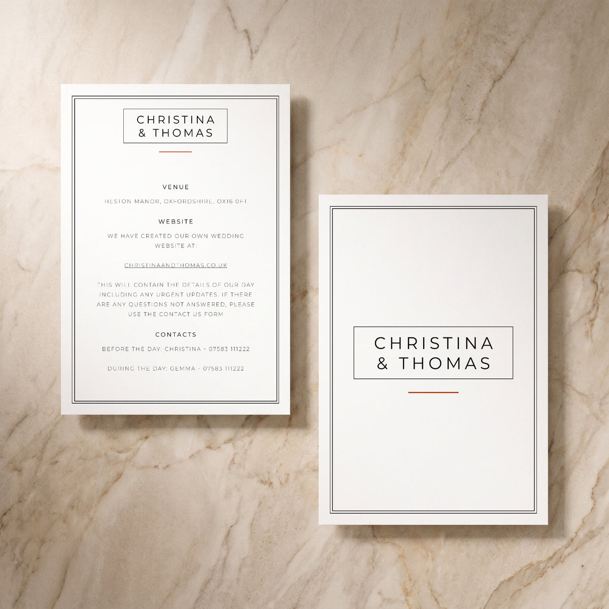 Simplicity wedding details cards, front and reverse, designed and printed in Suffolk