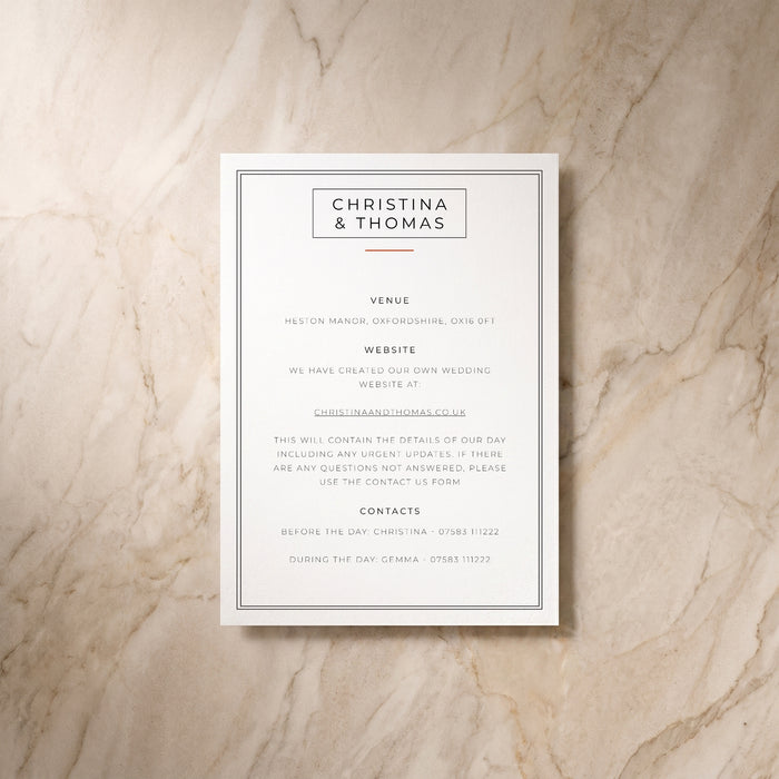 Simplicity wedding details card, front design, designed and printed in Suffolk