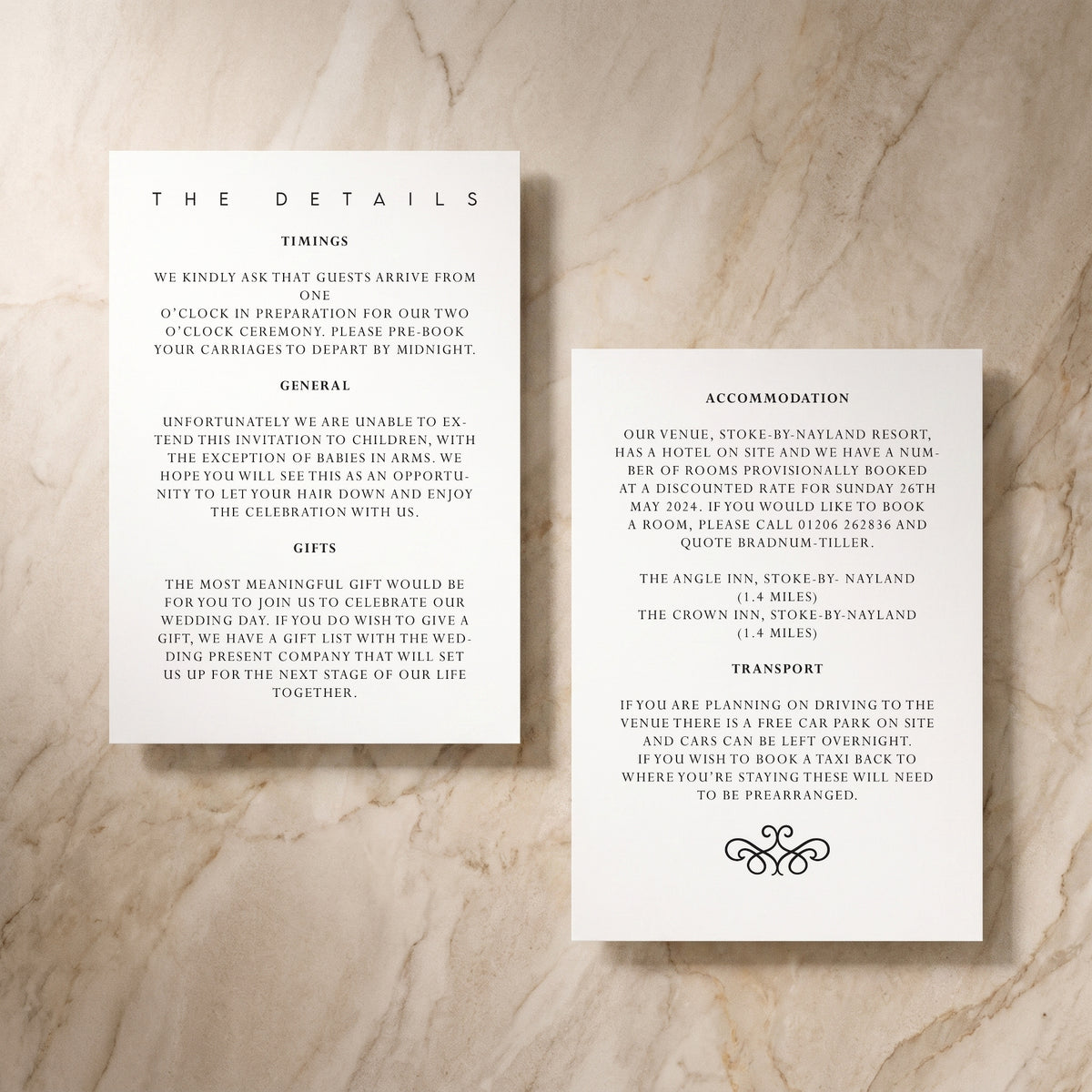 Essential wedding details card, front and reverse, designed and printed in Suffolk