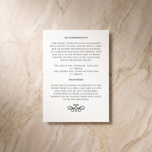 Essential wedding details card, reverse design, designed and printed in Suffolk