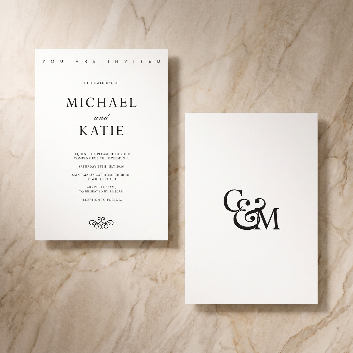 Essential wedding invitation, front and reverse, designed and printed in Suffolk