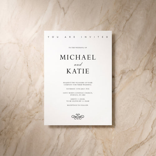 Essential wedding invitation, front design, designed and printed in Suffolk