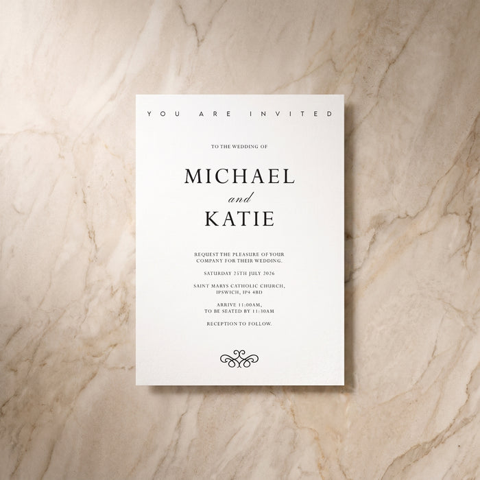 Essential wedding invitation, front design, designed and printed in Suffolk
