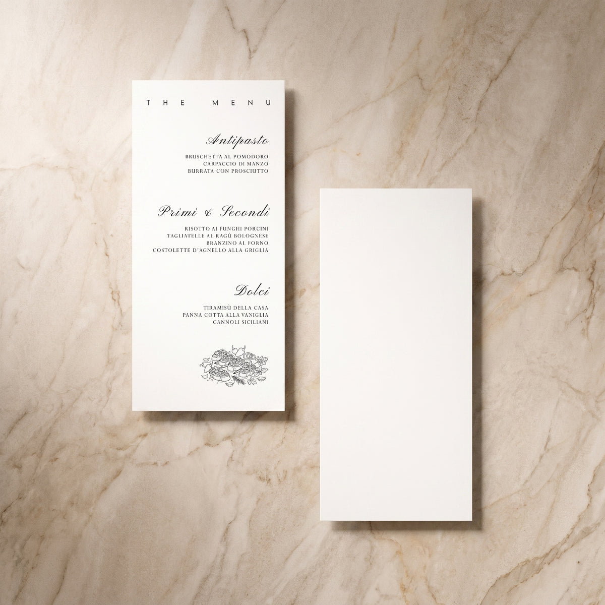 Essential wedding menu, front and reverse, designed and printed in Suffolk