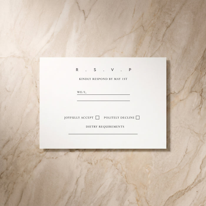 Essential RSVP card, front design, designed and printed in Suffolk