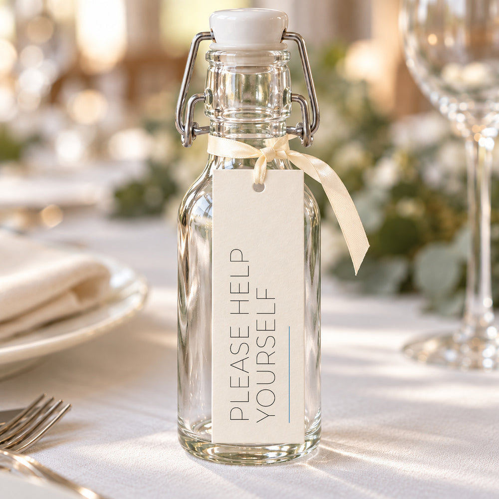 Simplicity wedding favour tag tied to a bottle