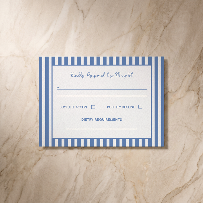 Parlour wedding RSVP card, front design, designed and printed in Suffolk
