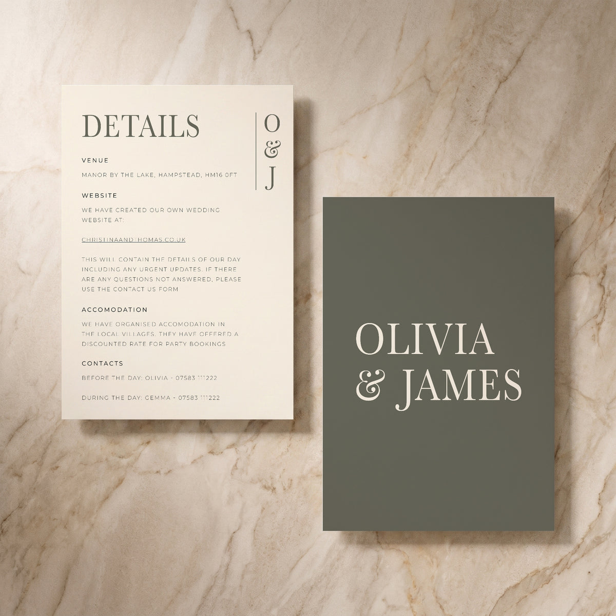 Heritage wedding details card, front and back pair
