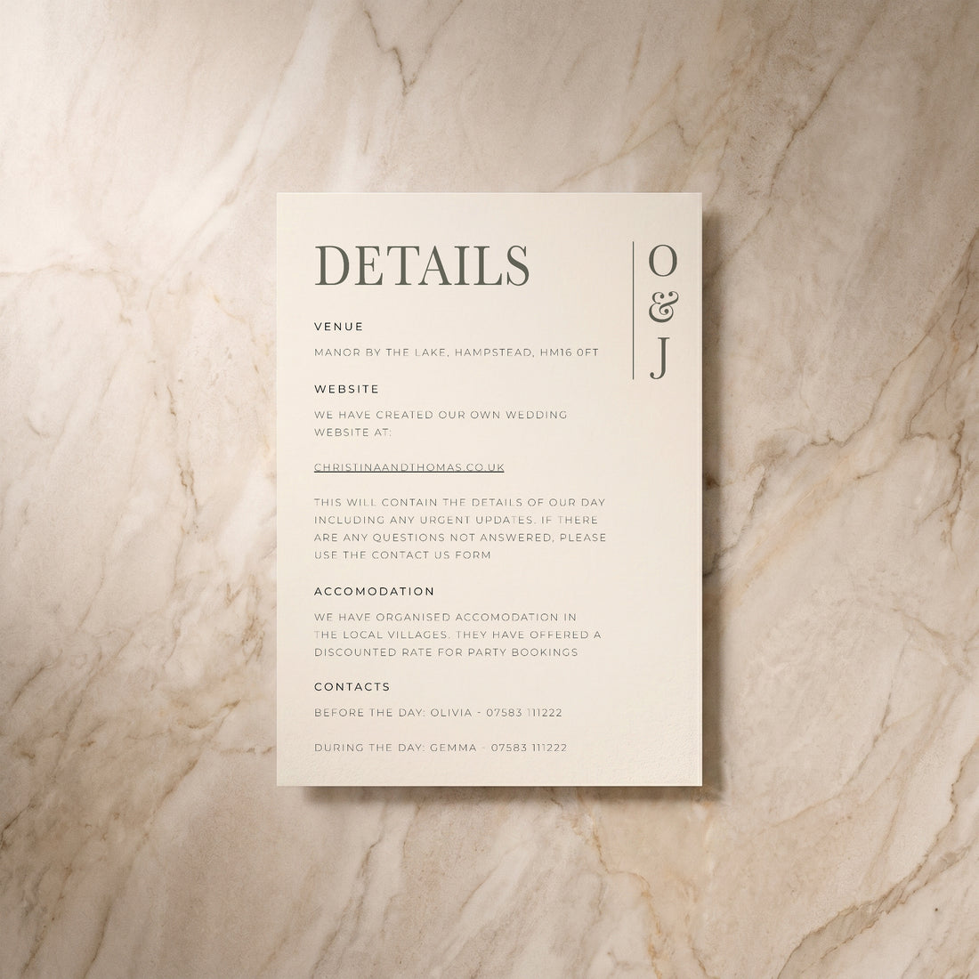 Heritage wedding details card, front view
