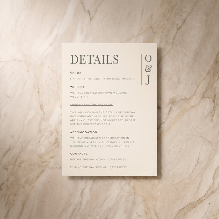 Heritage wedding details card, front view