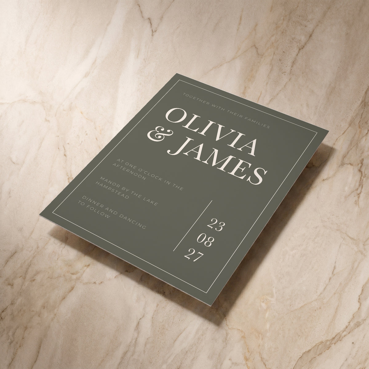 Heritage wedding invitation, angled front view