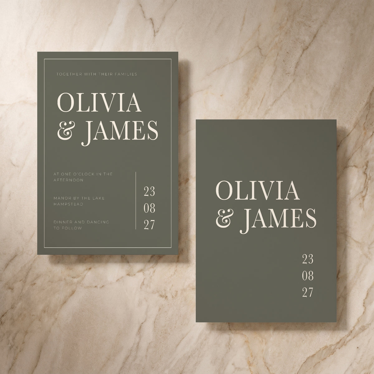 Heritage wedding invitation, front and back pair