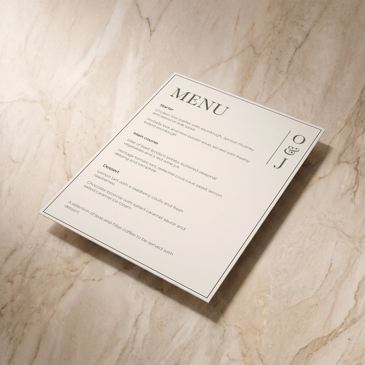 Heritage wedding menu, angled front view