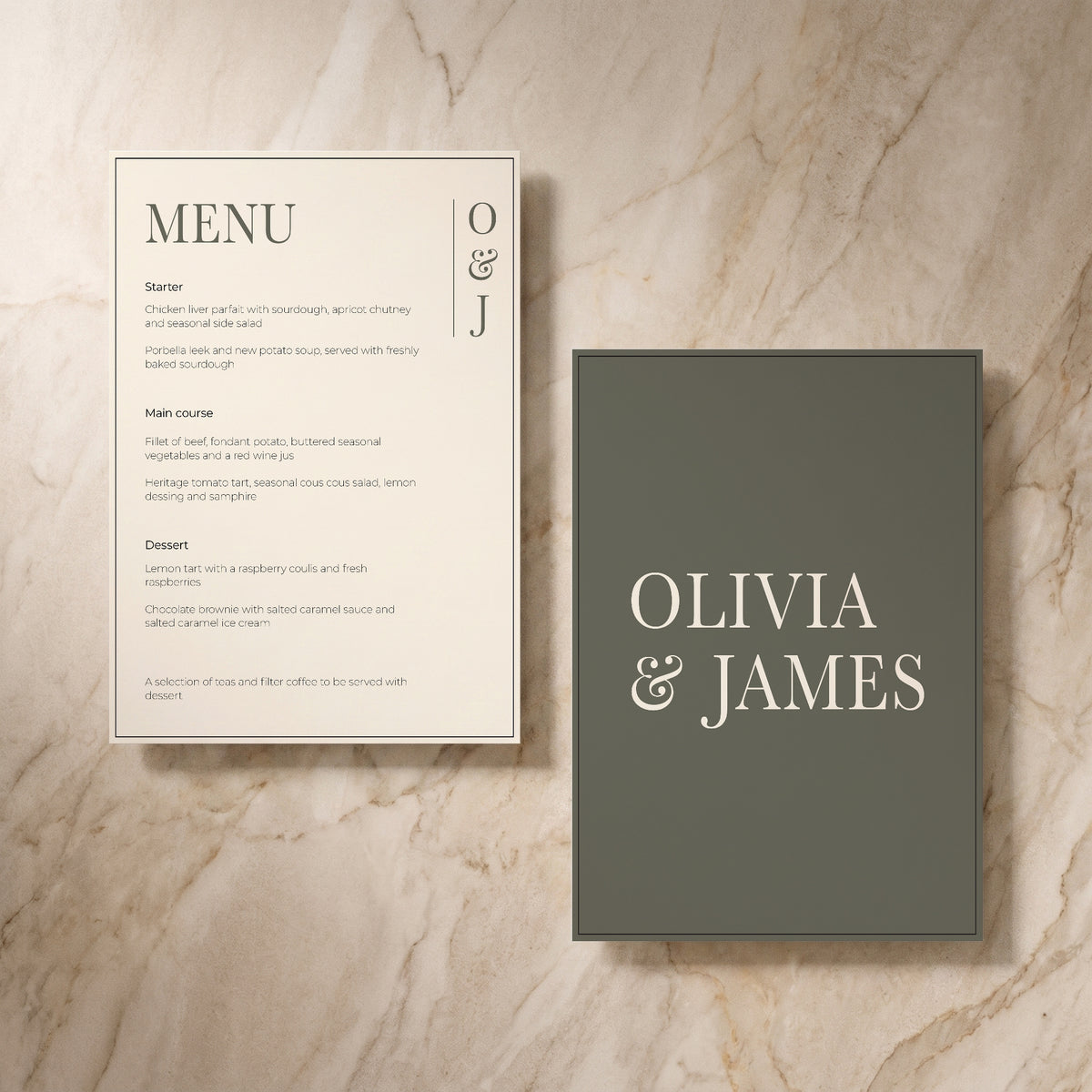 Heritage wedding menu, front and back pair