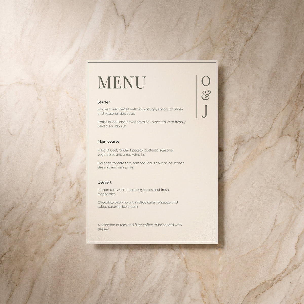 Heritage wedding menu, front view