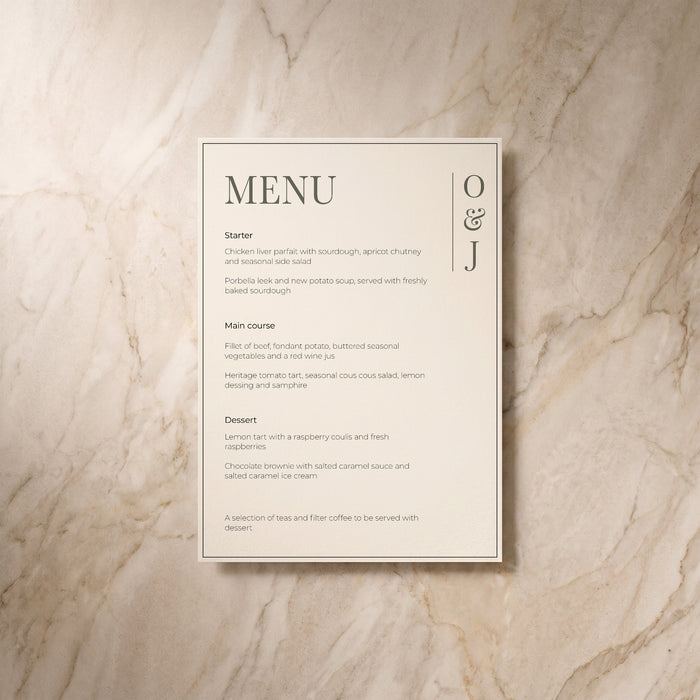 Heritage wedding menu, front view