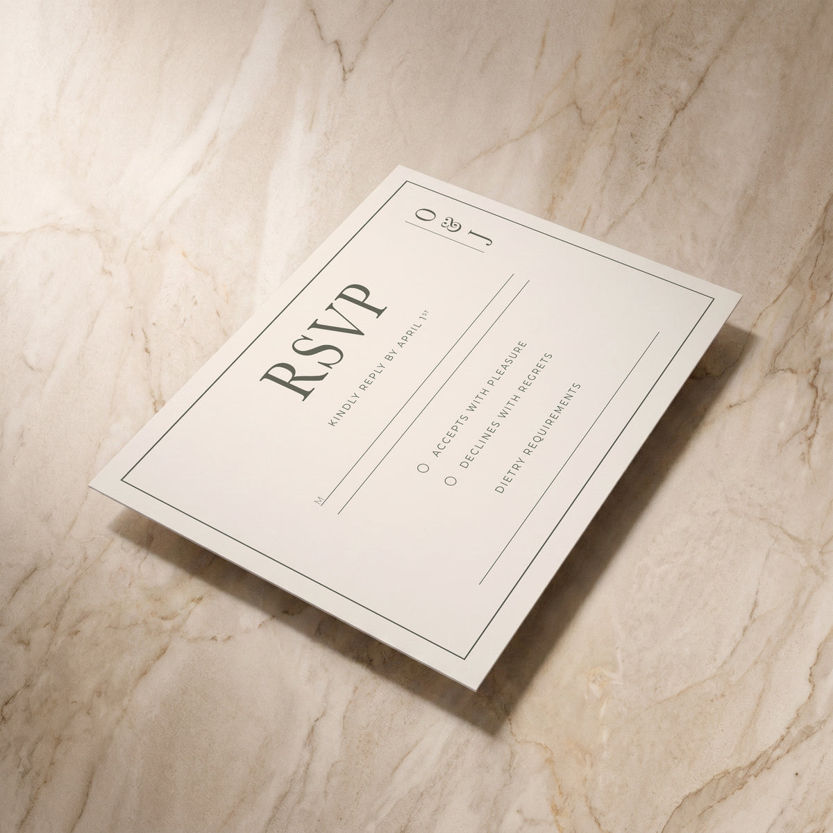 Heritage wedding RSVP card, angled front view