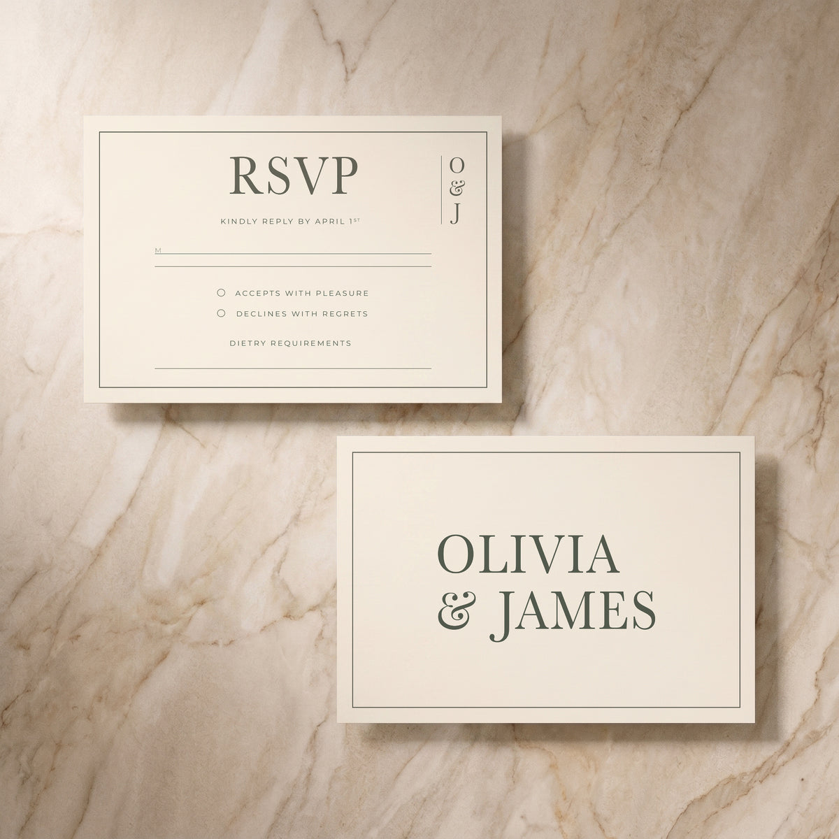 Heritage wedding RSVP card, front and back pair