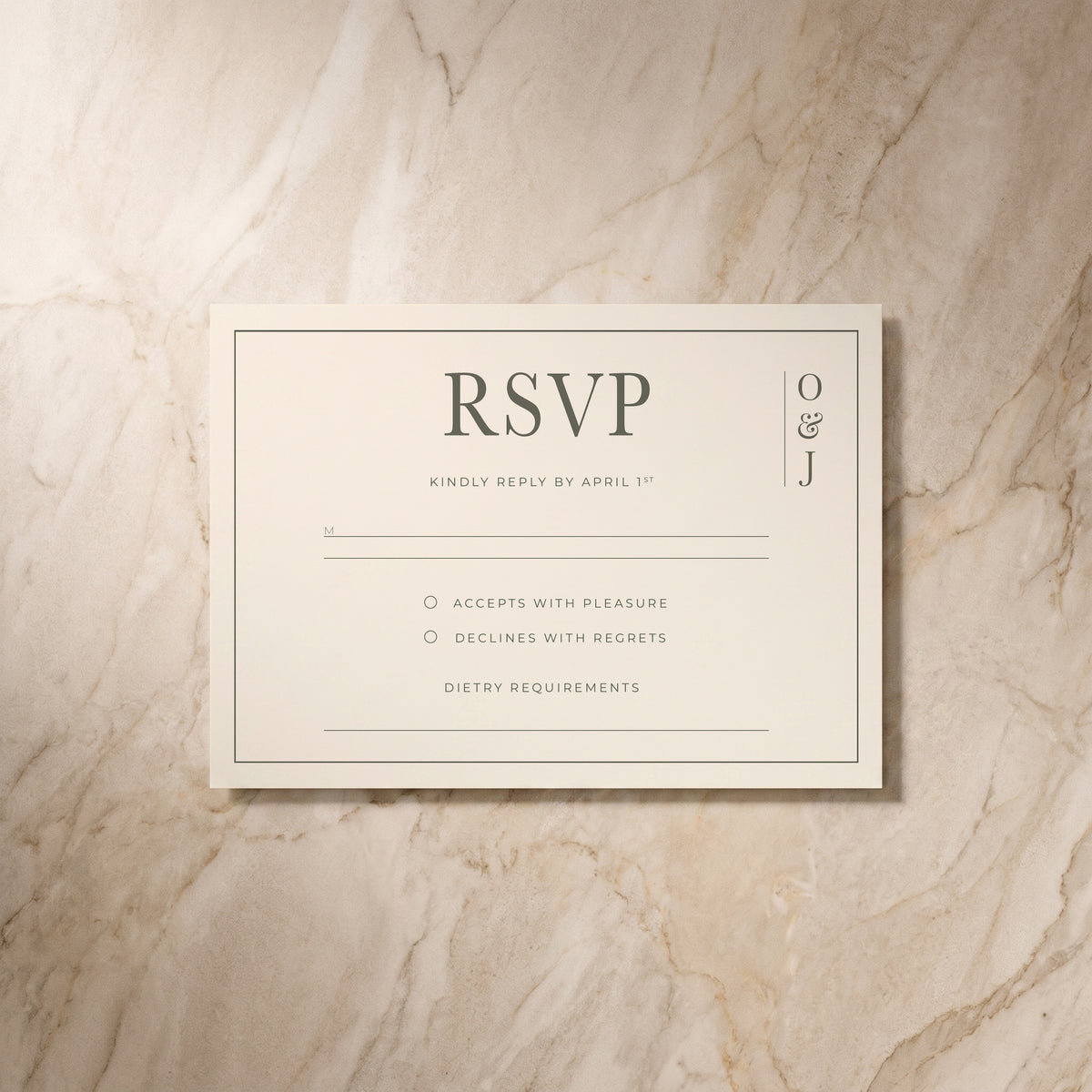 Heritage wedding RSVP card, front view