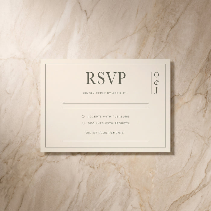 Heritage wedding RSVP card, front view