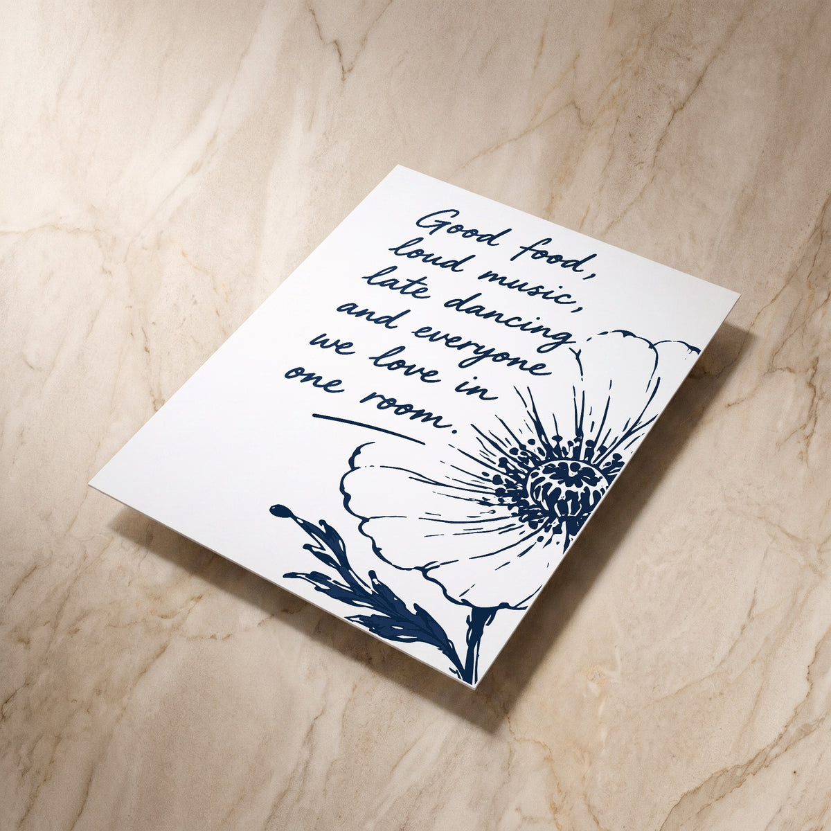 Illustrative wedding details card, reverse shown at an angle, designed and printed in Suffolk
