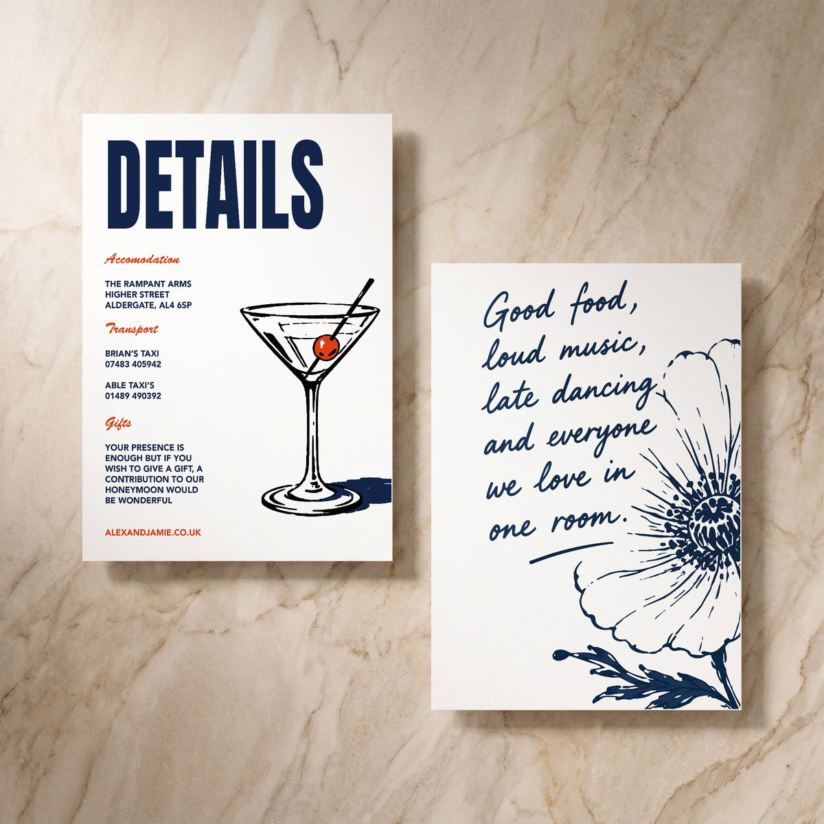 Illustrative wedding details card, front and reverse, designed and printed in Suffolk