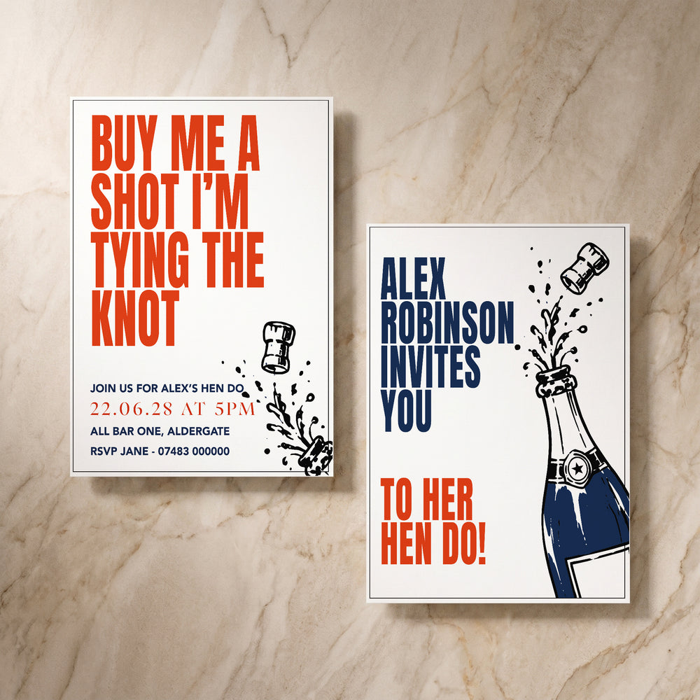 Illustrative hen do card, front and back pair