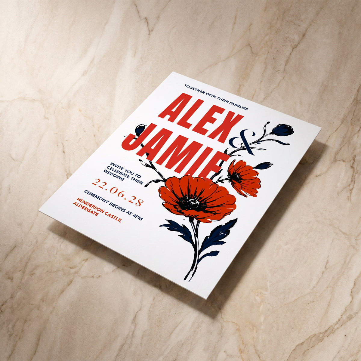 Illustrative wedding invitation, shown at an angle, designed and printed in Suffolk