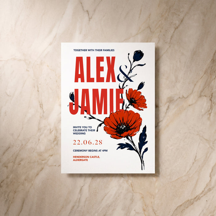 Illustrative wedding invitation, front design, designed and printed in Suffolk