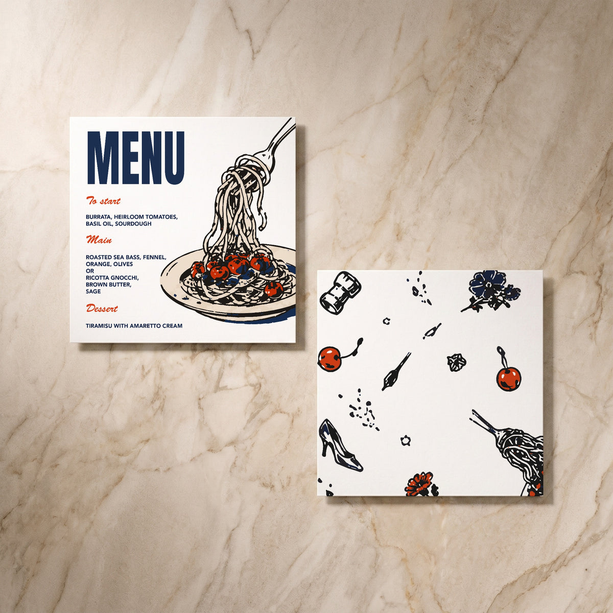 Illustrative wedding menu card, front and reverse, designed and printed in Suffolk