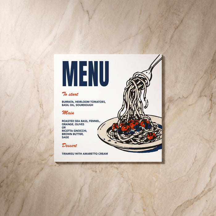 Illustrative wedding menu card, front design, designed and printed in Suffolk