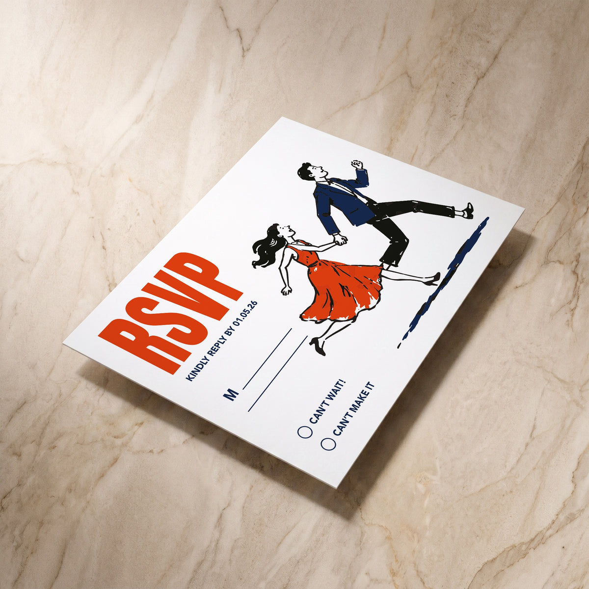 Illustrative RSVP card, shown at an angle, designed and printed in Suffolk