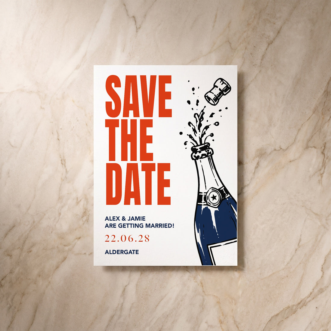 Illustrative wedding save the date card, front design, designed and printed in Suffolk